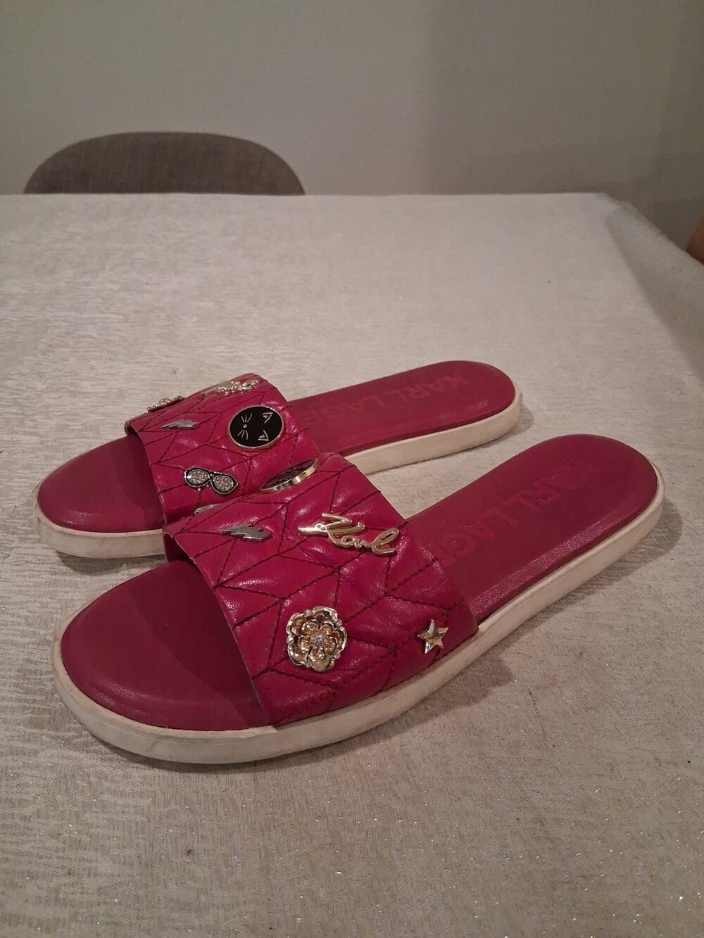 Karl Lagerfeld Paris Carenza Pins Flat Slide Sandals Pink Magenta Women's Sz 8M